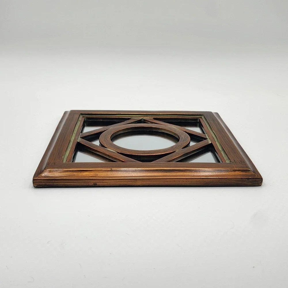 Vintage 70s Brass Tone Wall Mirror Geometric Layered Modernist Accent Decor 10
